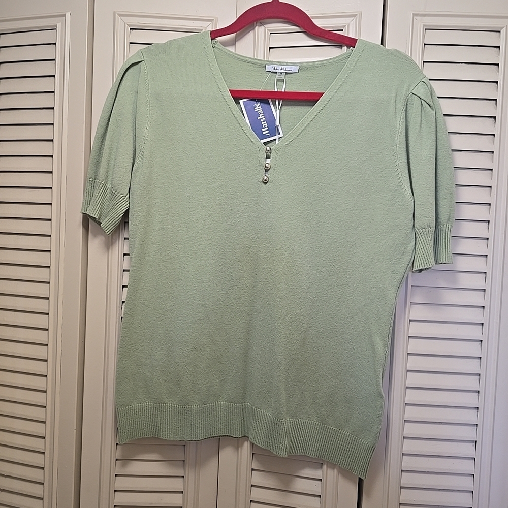 Elegant Light Green V-Neck Short Sleeve Sweater